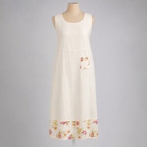 Vintage 90s Floral Linen Maxi Dress Size S Cream Boho Coastal Cottage Lagenlook